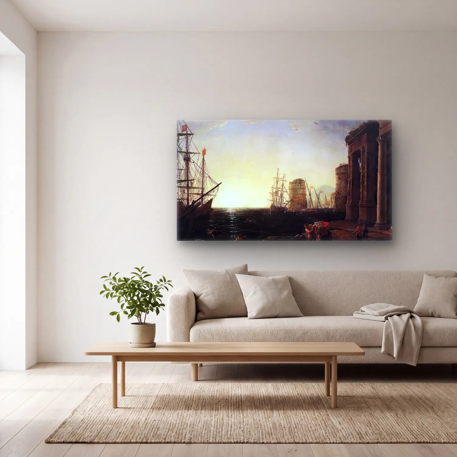 Claude Lorrain – Harbour Scene at Sunset cam tablo — açık renk salonda
