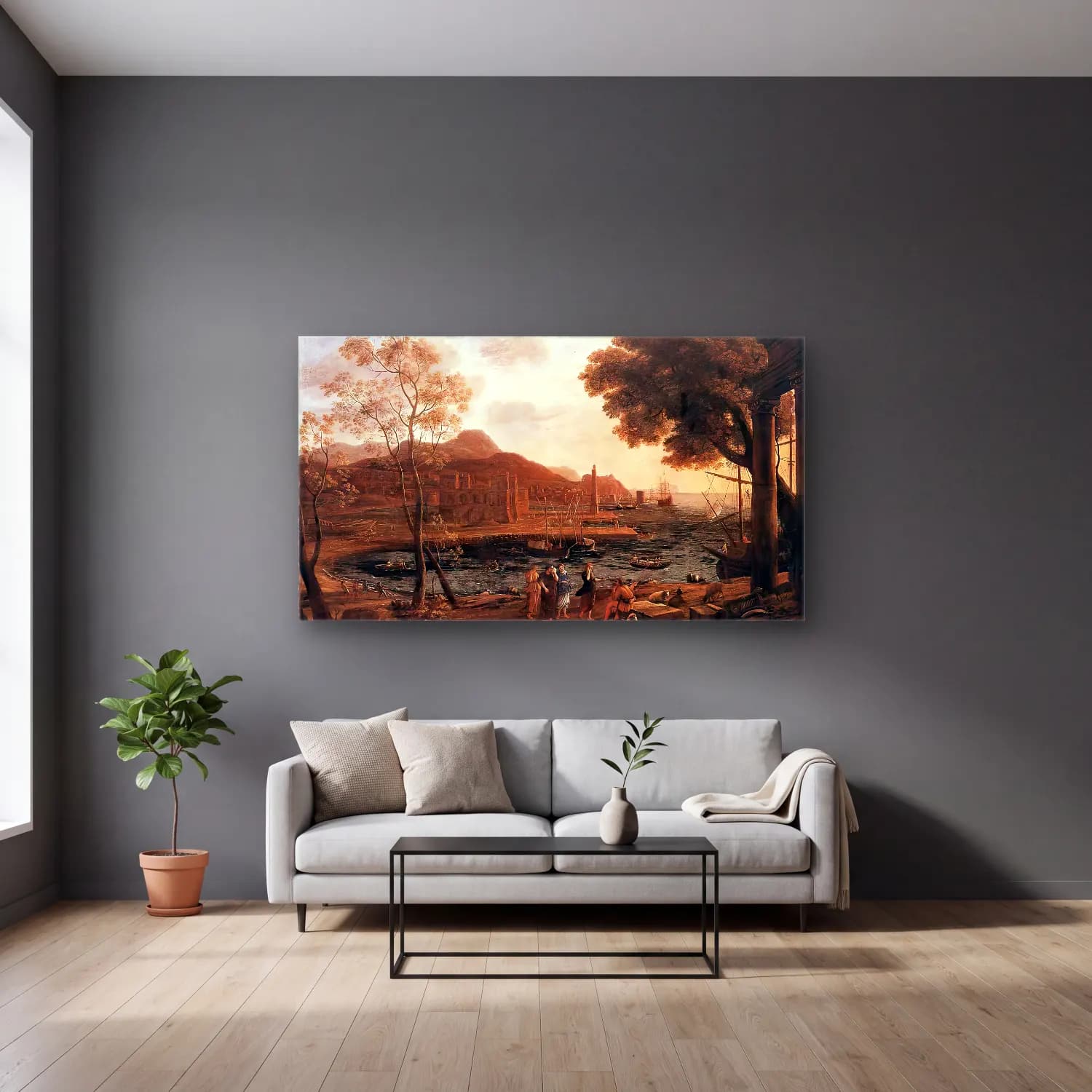 Claude Lorrain – Harbour Scene with Grieving Heliades cam tablo — gri duvarlı salonda