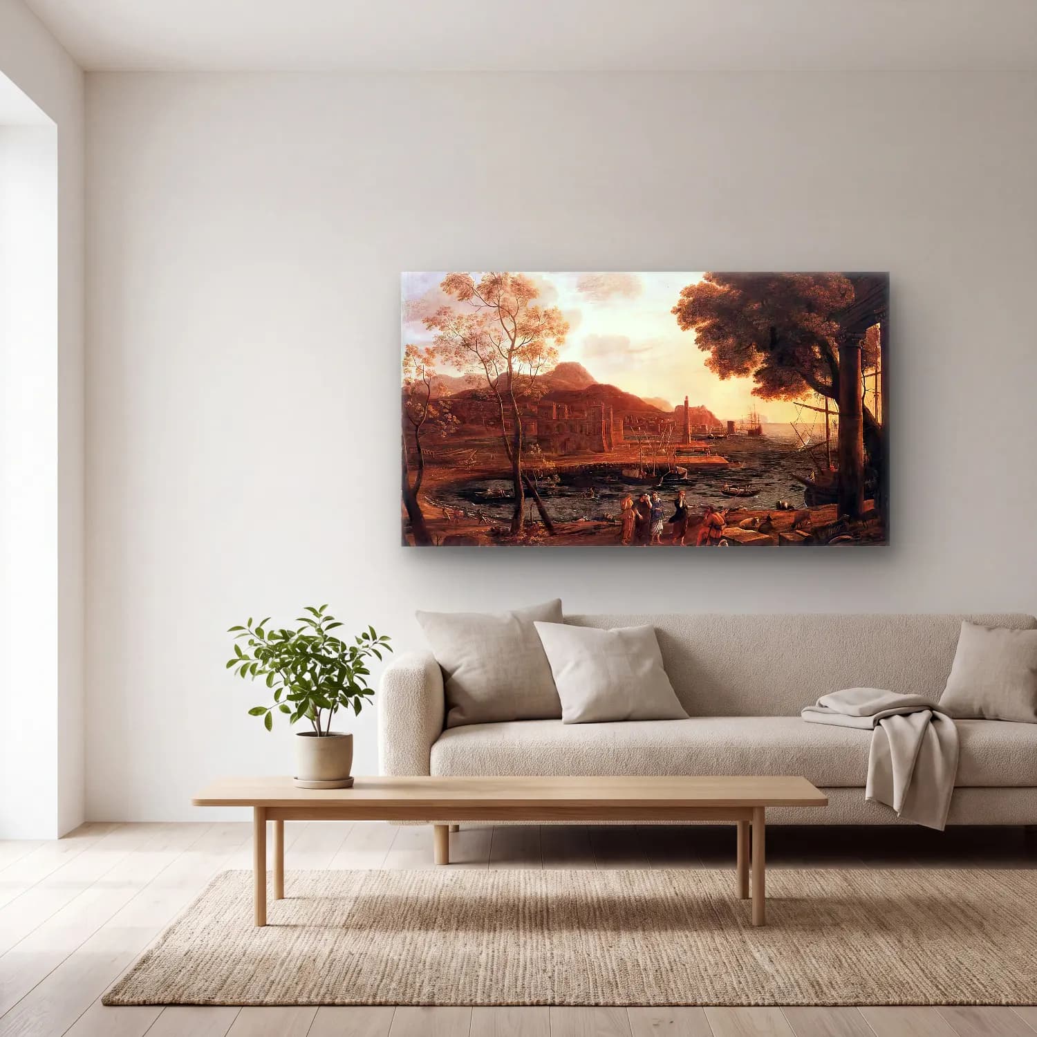 Claude Lorrain – Harbour Scene with Grieving Heliades cam tablo — açık renk salonda