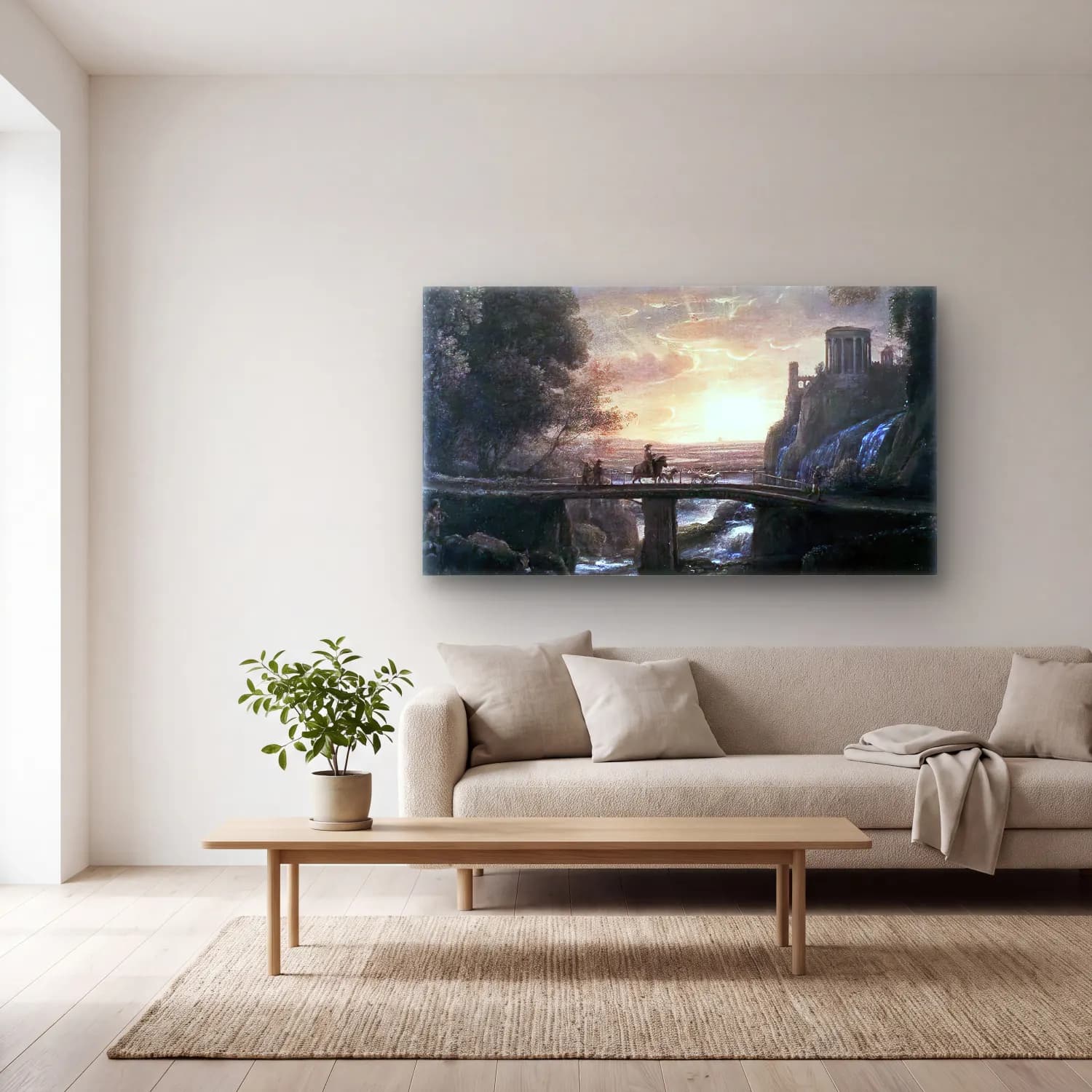 Claude Lorrain – Imaginary View of Tivoli cam tablo — açık renk salonda