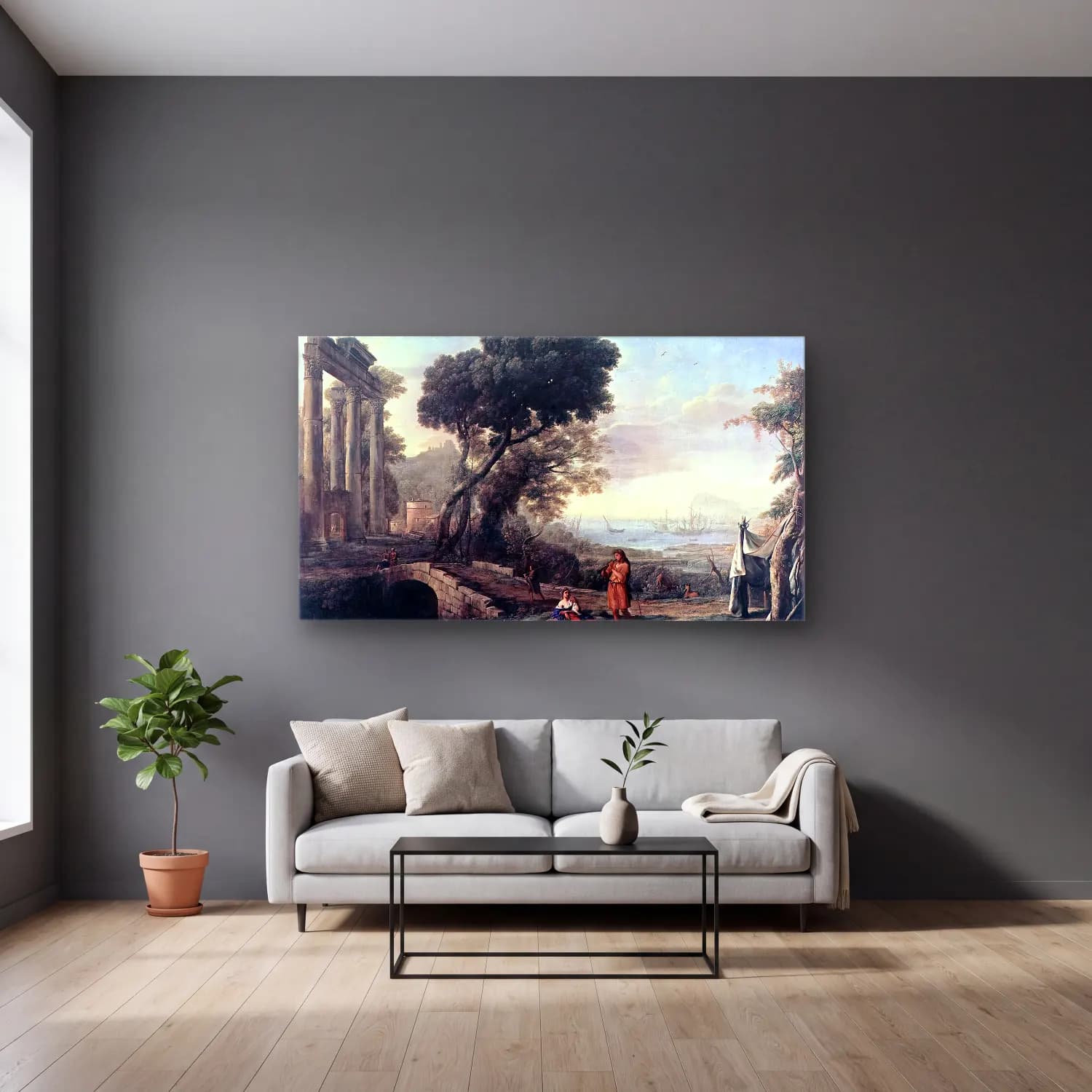 Claude Lorrain – Italian Coastal Landscape cam tablo — gri duvarlı salonda