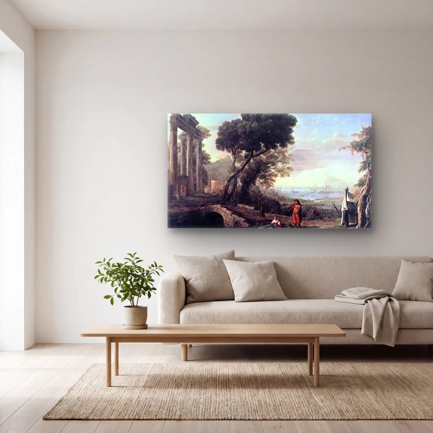 Claude Lorrain – Italian Coastal Landscape cam tablo — açık renk salonda