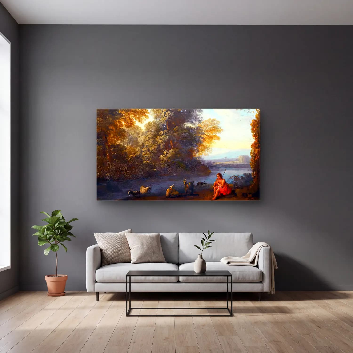 Claude Lorrain – Italianate Landscape cam tablo — gri duvarlı salonda