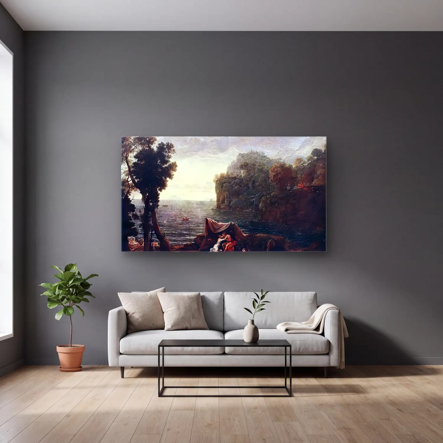 Claude Lorrain – Landscape with Acis and Galatea cam tablo — gri duvarlı salonda