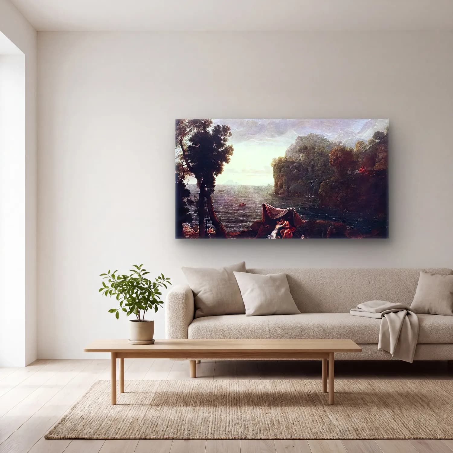 Claude Lorrain – Landscape with Acis and Galatea cam tablo — açık renk salonda