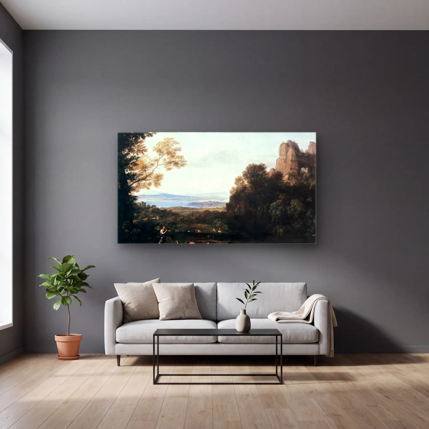 Claude Lorrain – Landscape with Apollo and Mercury cam tablo — gri duvarlı salonda