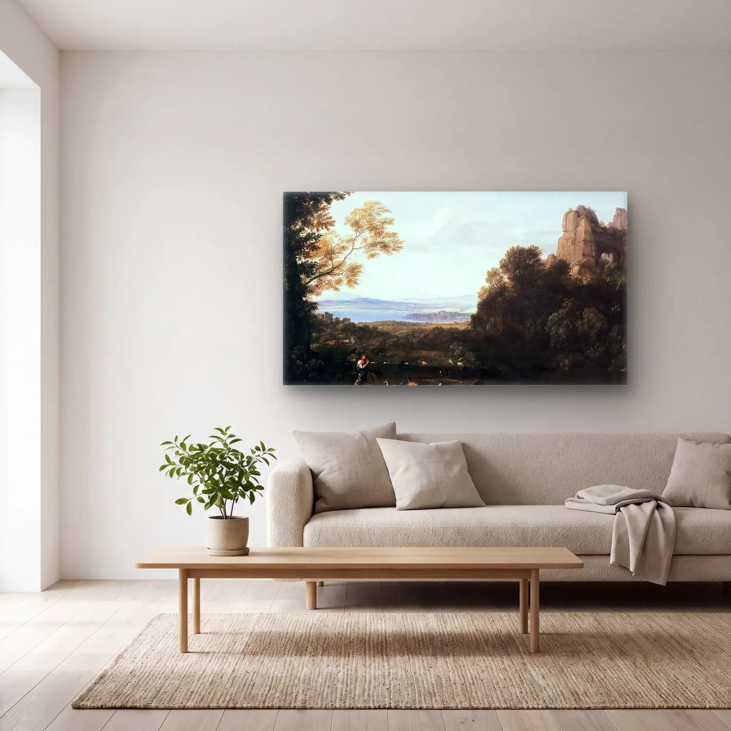 Claude Lorrain – Landscape with Apollo and Mercury cam tablo — açık renk salonda