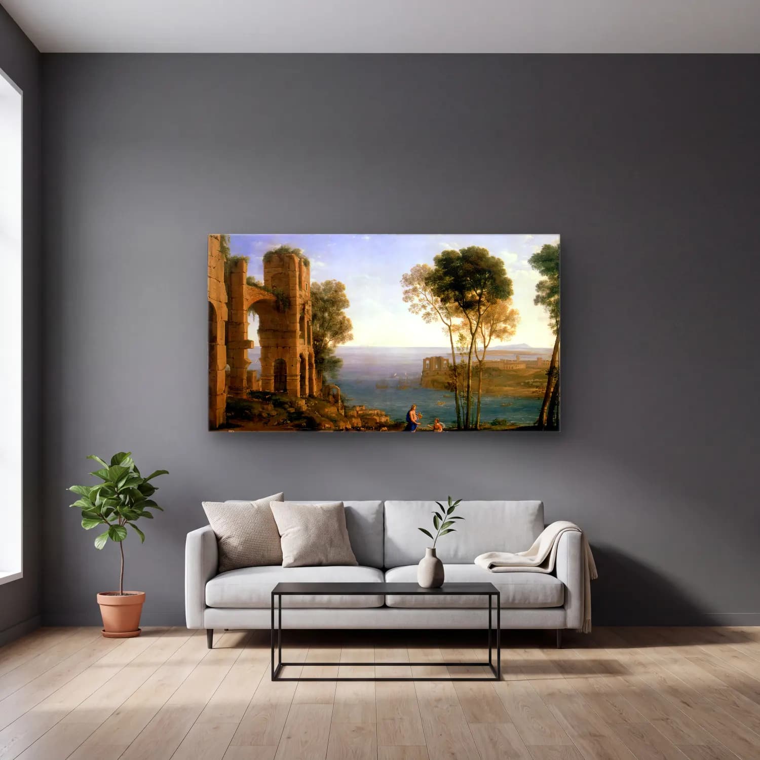 Claude Lorrain – Landscape with Apollo and the Cumaean Sibyl cam tablo — gri duvarlı salonda