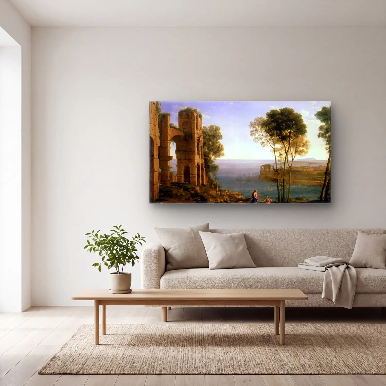 Claude Lorrain – Landscape with Apollo and the Cumaean Sibyl cam tablo — açık renk salonda