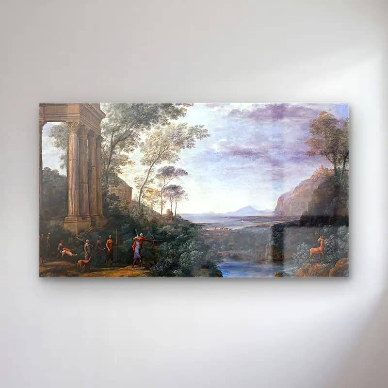 Claude Lorrain – Landscape with Ascanius Shooting the Stag of Sylvia cam tablo — Claude Lorrain – Landscape with Ascanius Shooting the Stag of Sylvia — yağlı boya mitolojik sahne