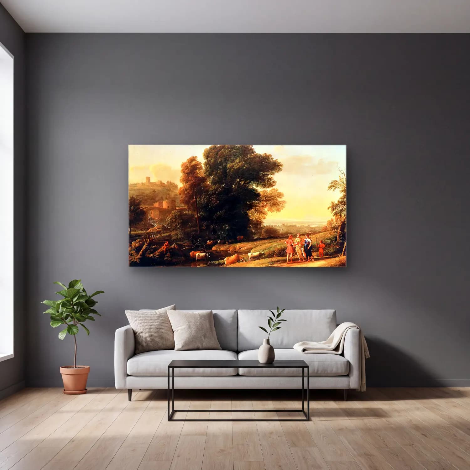 Claude Lorrain – Landscape with Cephalus and Procris Reunited cam tablo — gri duvarlı salonda