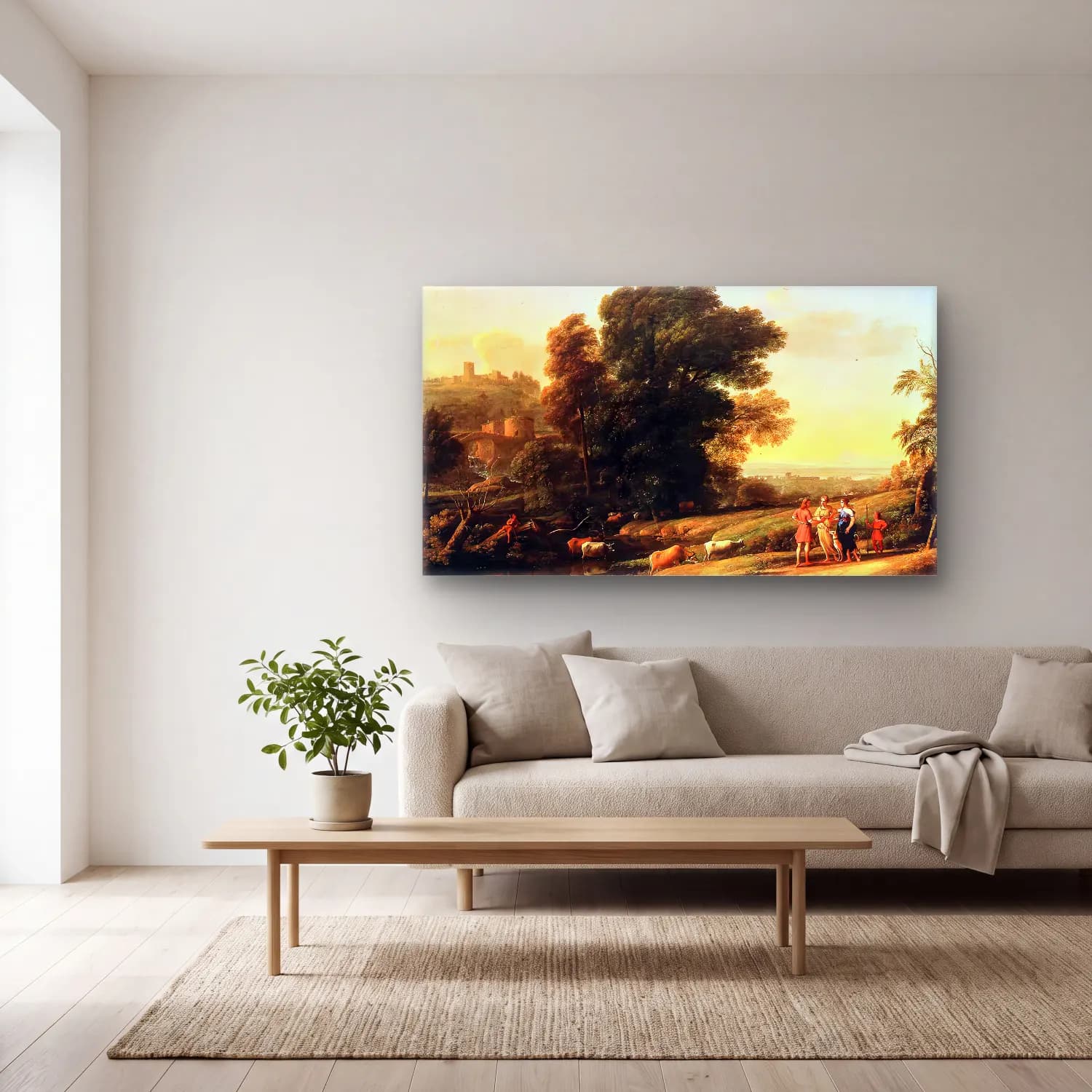 Claude Lorrain – Landscape with Cephalus and Procris Reunited cam tablo — açık renk salonda