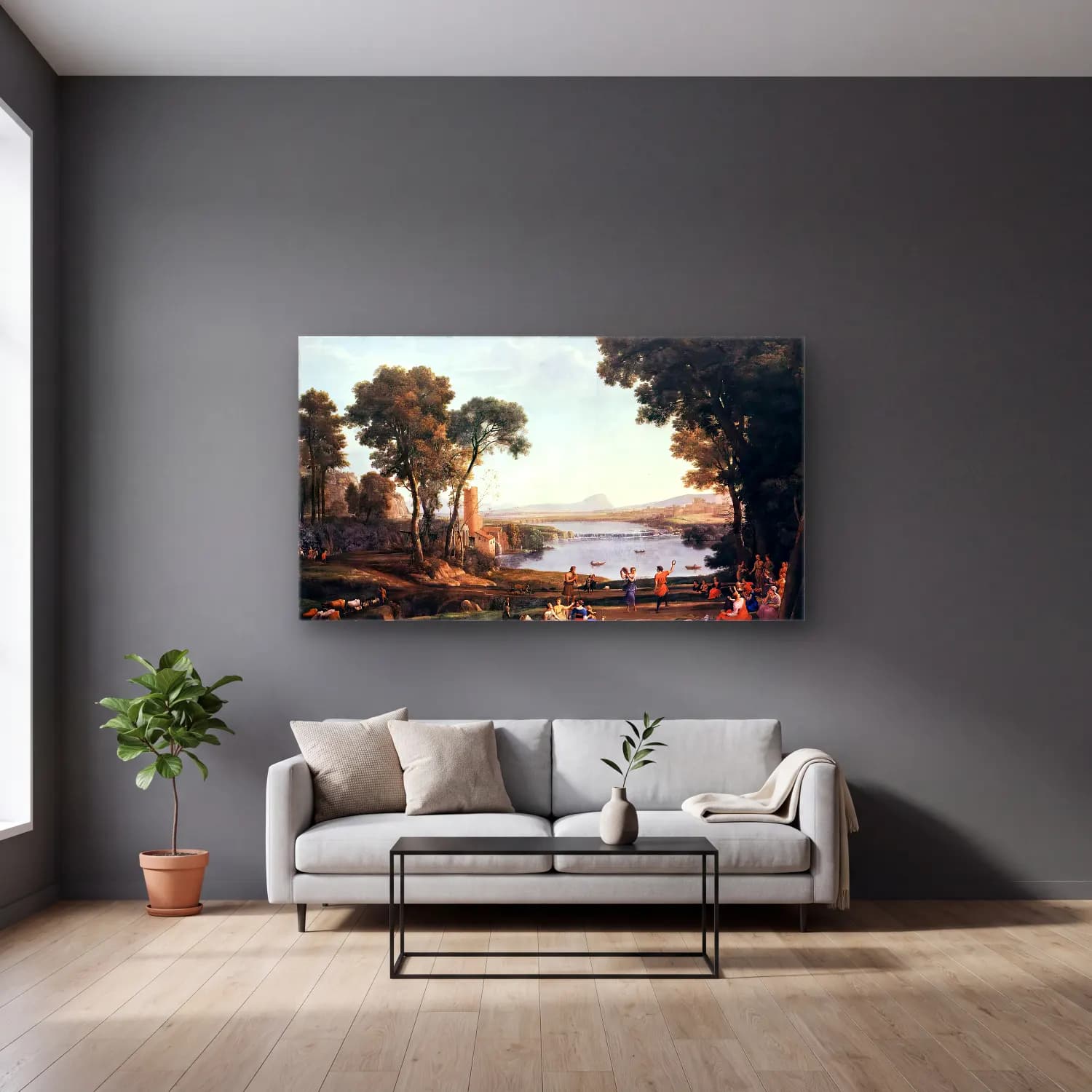 Claude Lorrain – Landscape with Dancing Figures cam tablo — gri duvarlı salonda