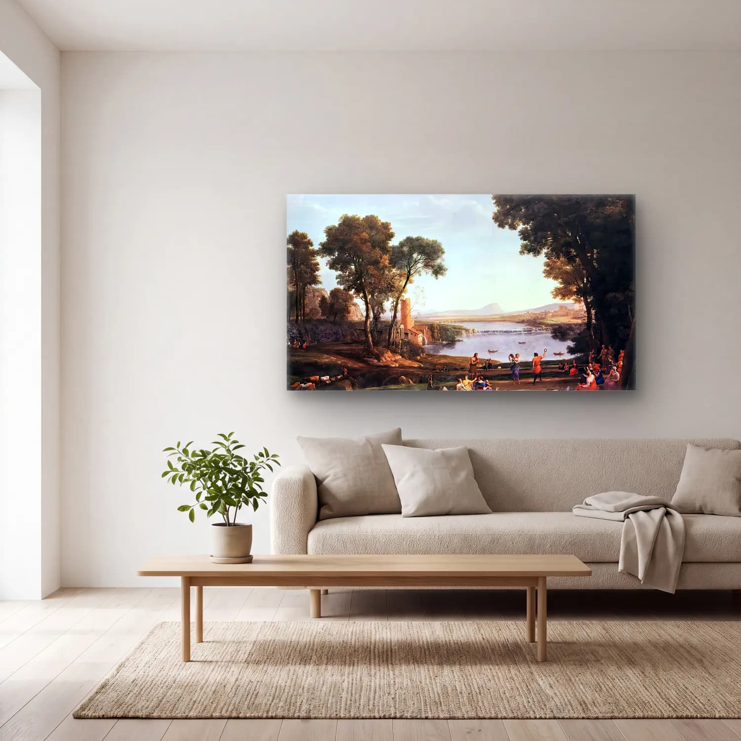 Claude Lorrain – Landscape with Dancing Figures cam tablo — açık renk salonda