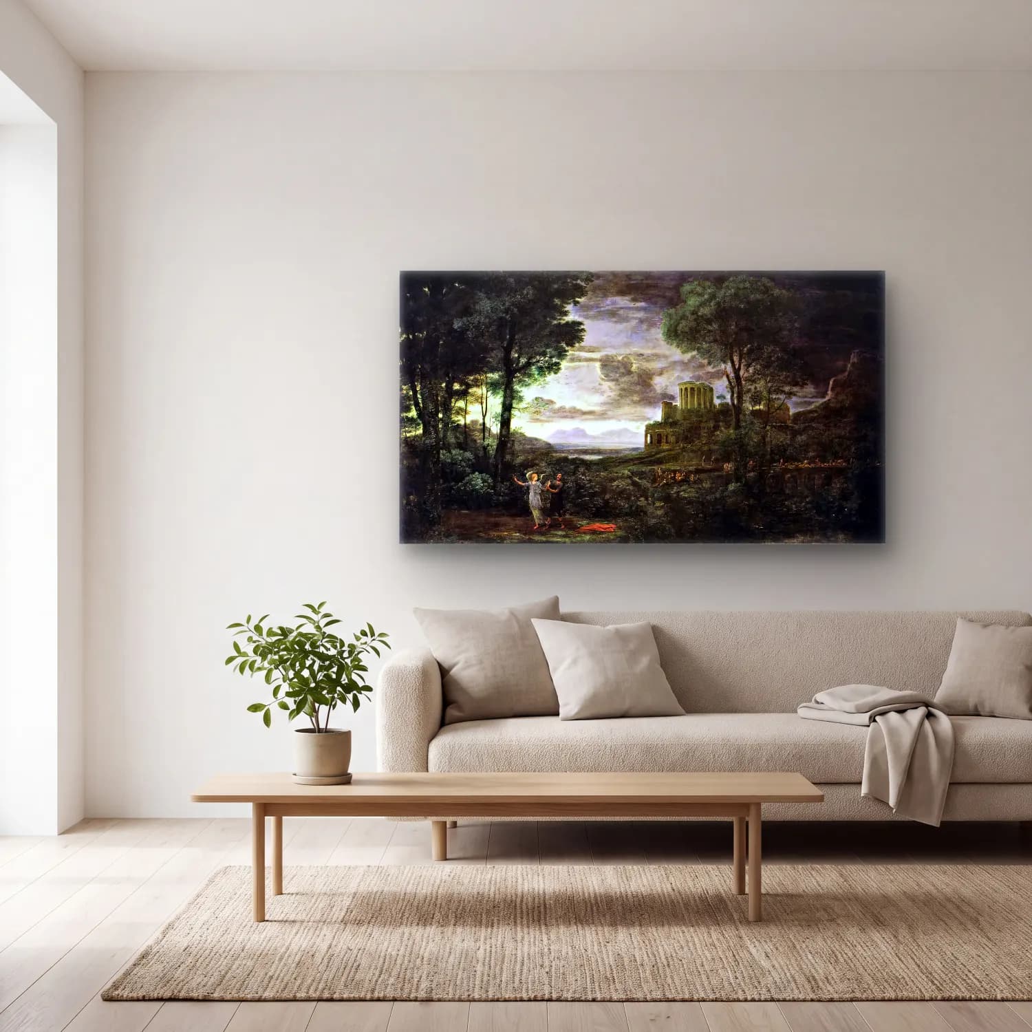 Claude Lorrain – Landscape with Jacob Wrestling with the Angel cam tablo — açık renk salonda