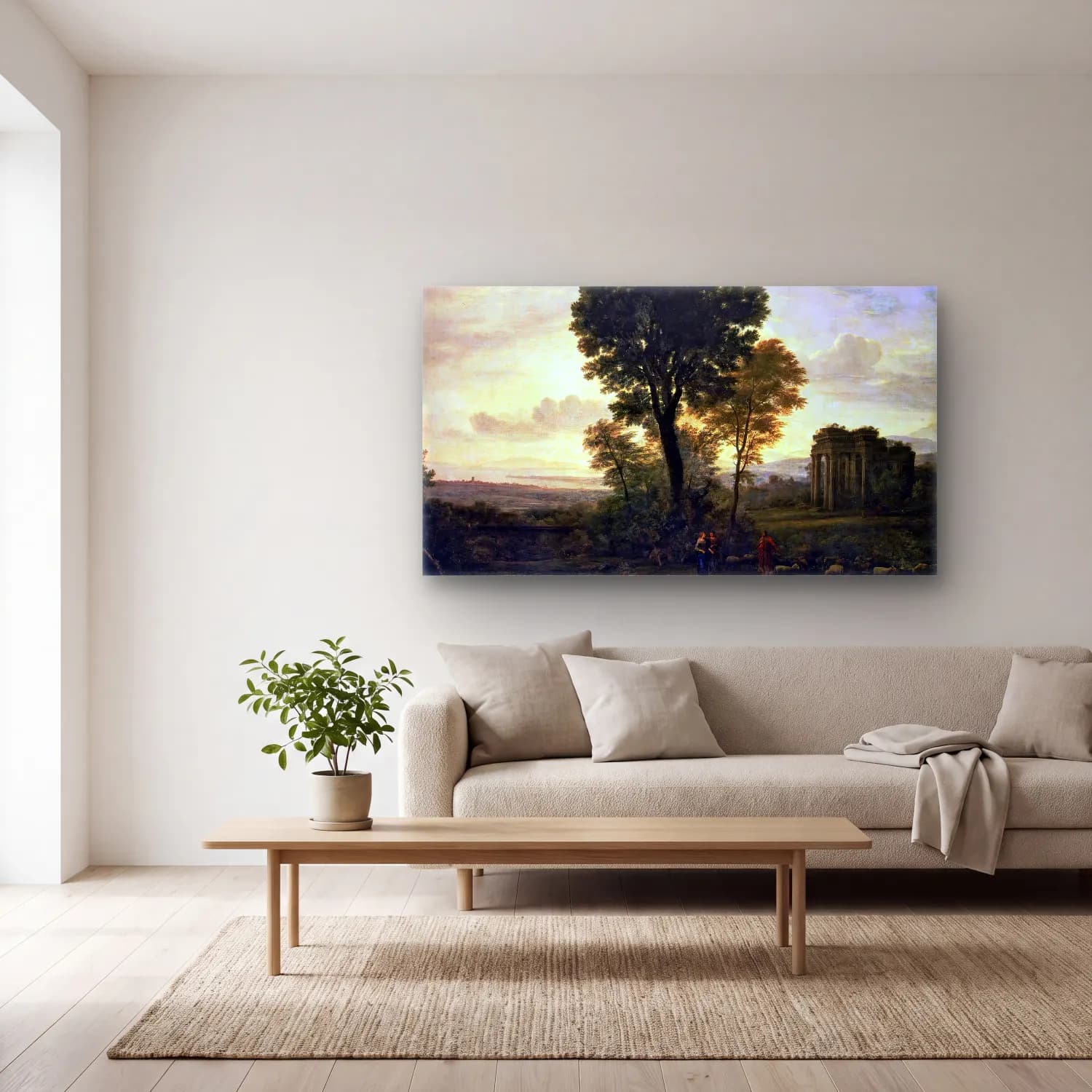 Claude Lorrain – Landscape with Jacob and Rachel at the Well (Morning) cam tablo — açık renk salonda