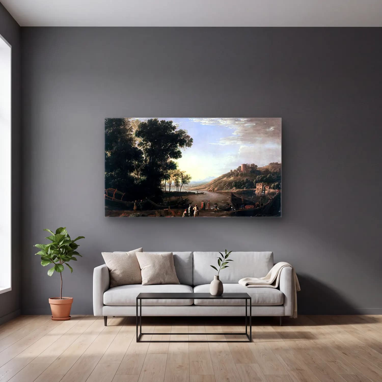 Claude Lorrain – Landscape with Merchants cam tablo — gri duvarlı salonda