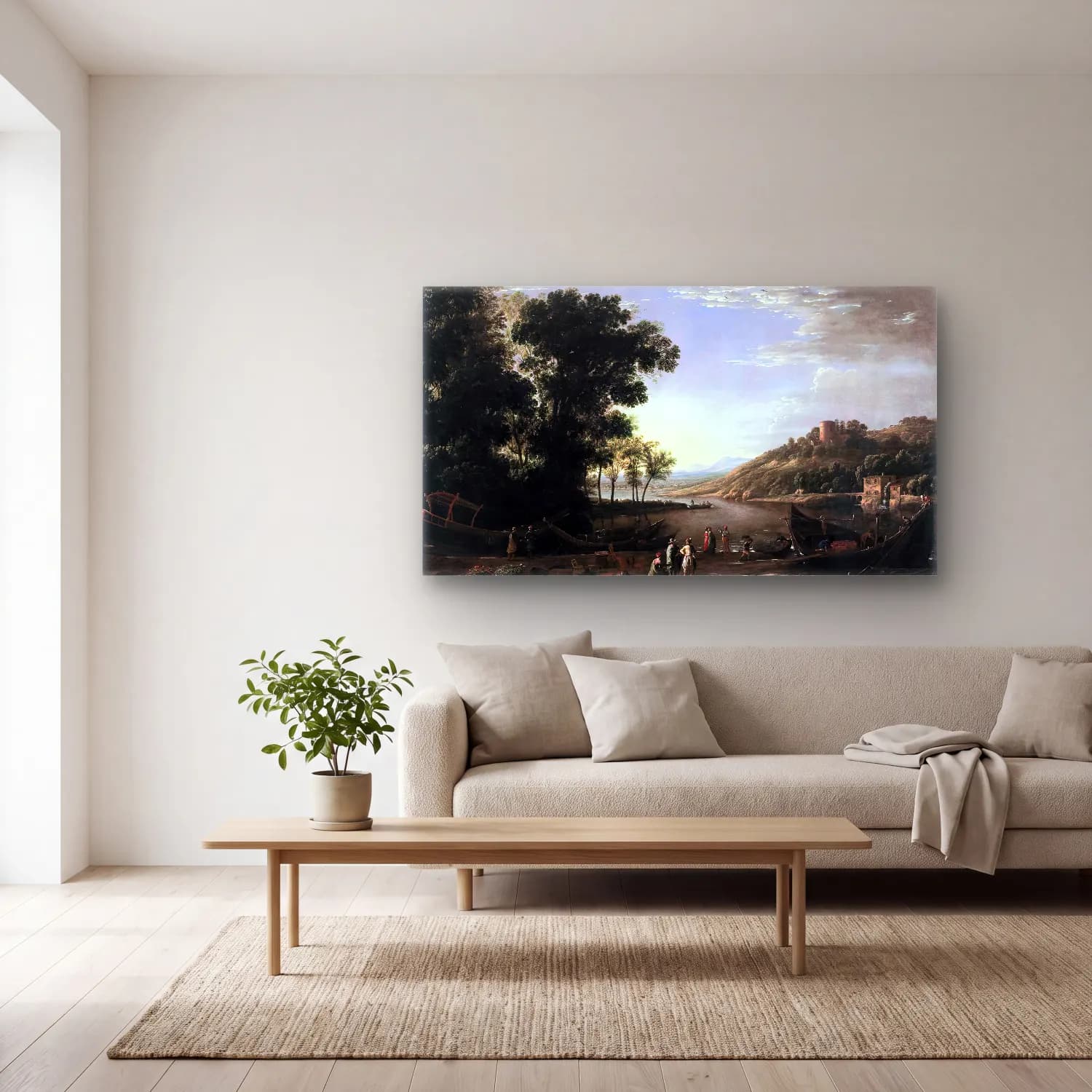 Claude Lorrain – Landscape with Merchants cam tablo — açık renk salonda