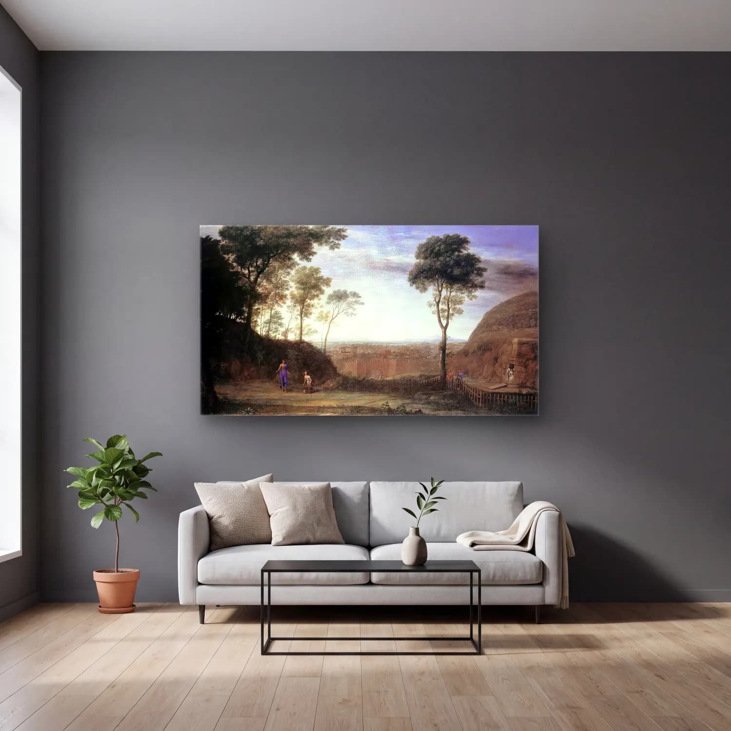 Claude Lorrain – Landscape with Noli Me Tangere Scene cam tablo — gri duvarlı salonda