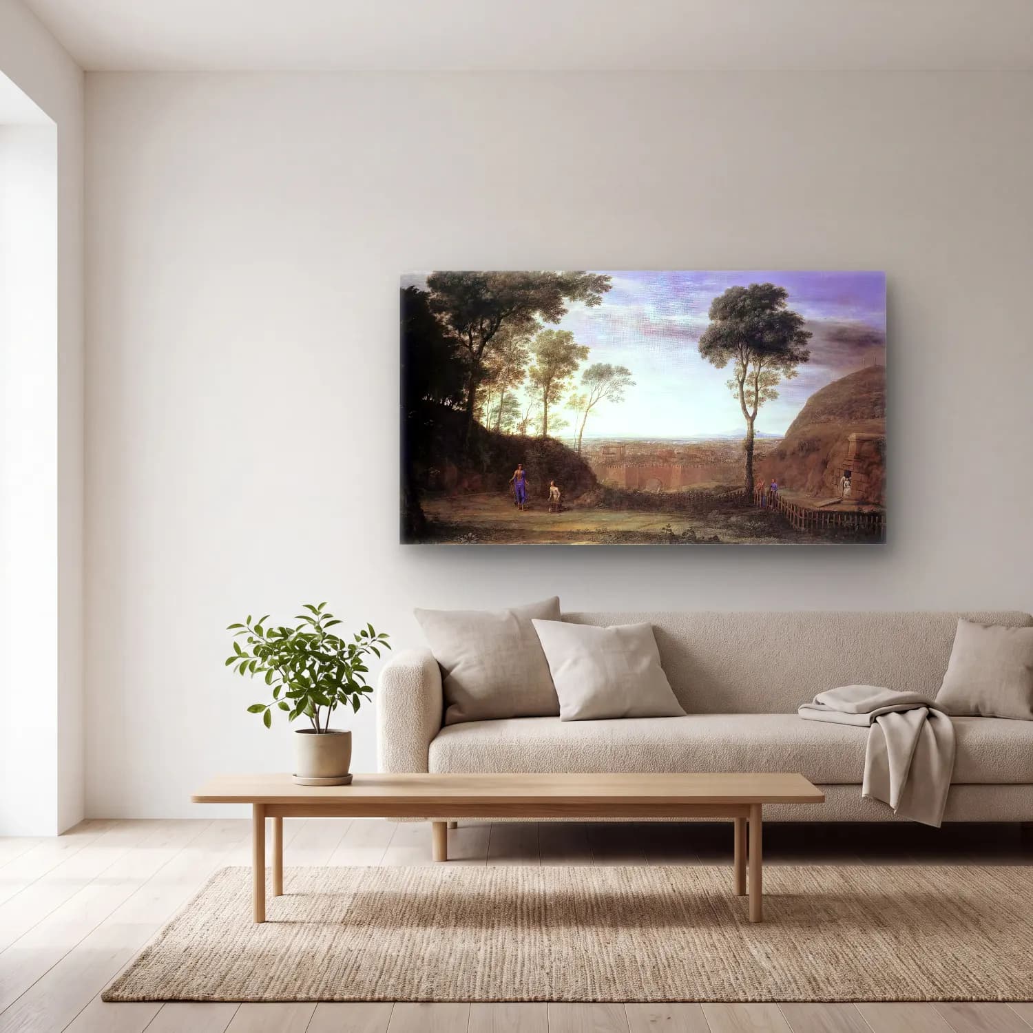 Claude Lorrain – Landscape with Noli Me Tangere Scene cam tablo — açık renk salonda