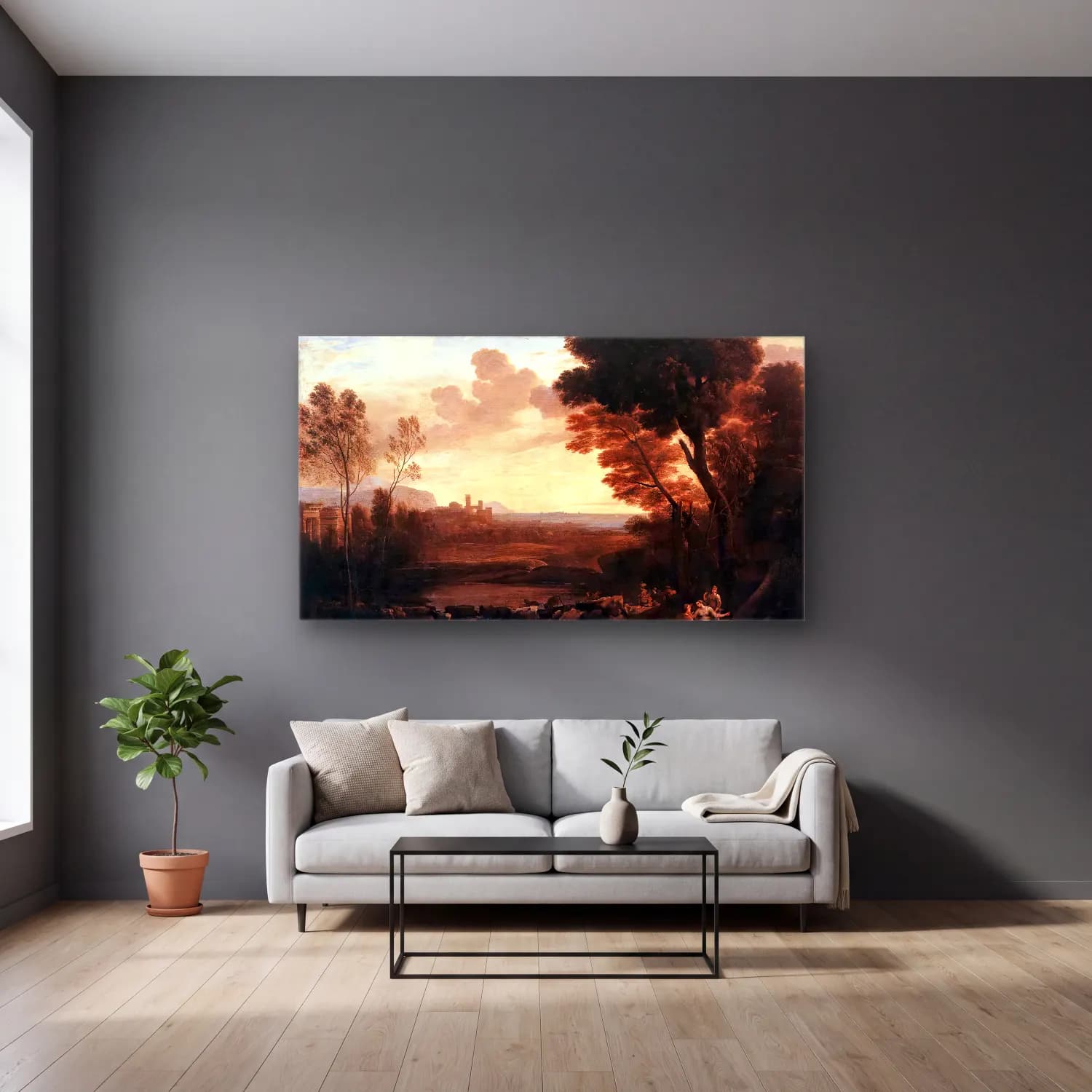 Claude Lorrain – Landscape with Paris and Oenone cam tablo — gri duvarlı salonda