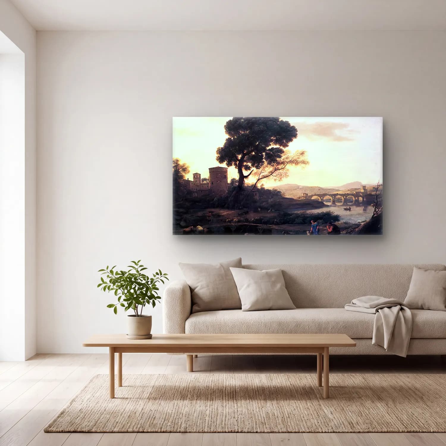 Claude Lorrain – Landscape with Shepherds - The Pont Molle cam tablo — açık renk salonda