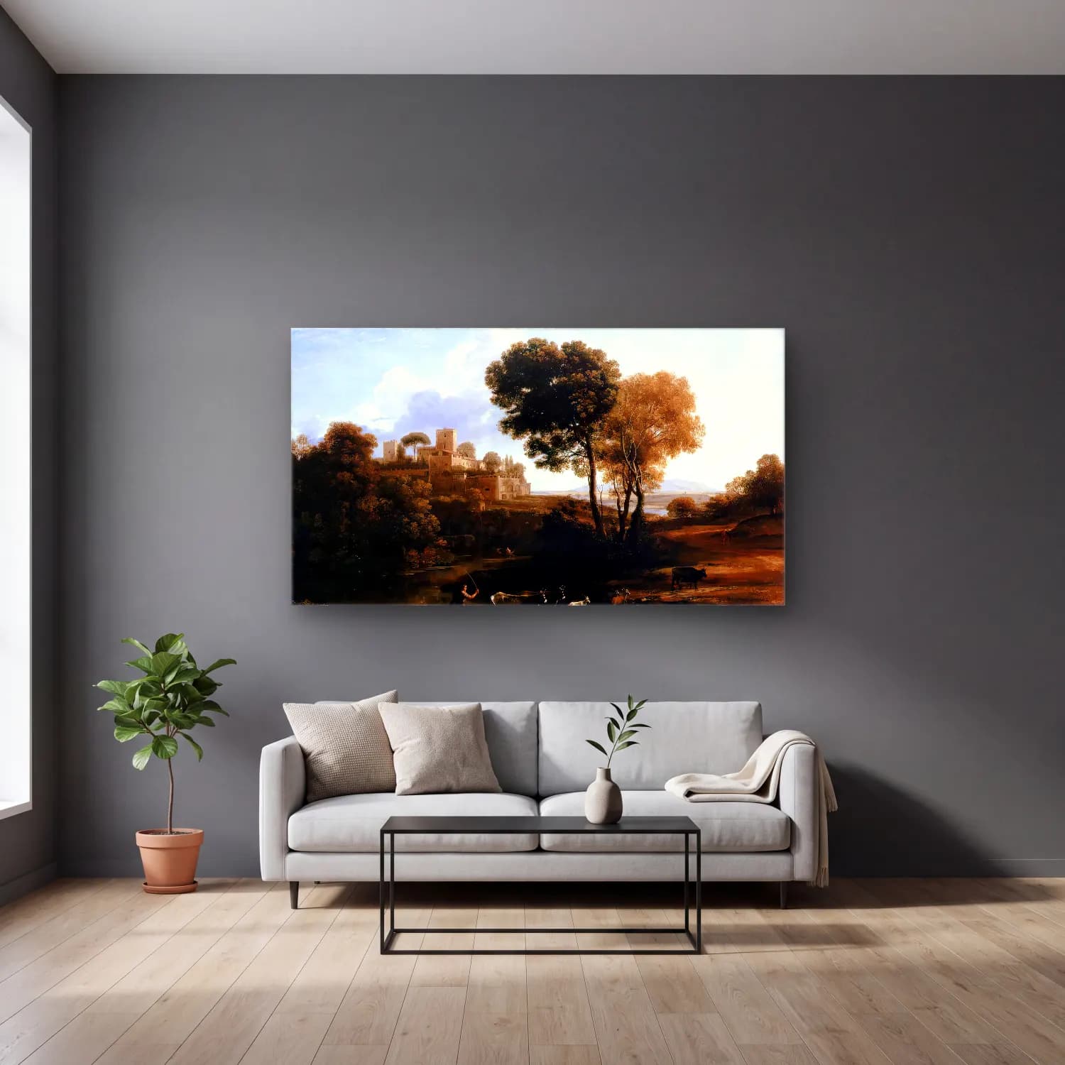Claude Lorrain – Landscape with Shepherds cam tablo — gri duvarlı salonda