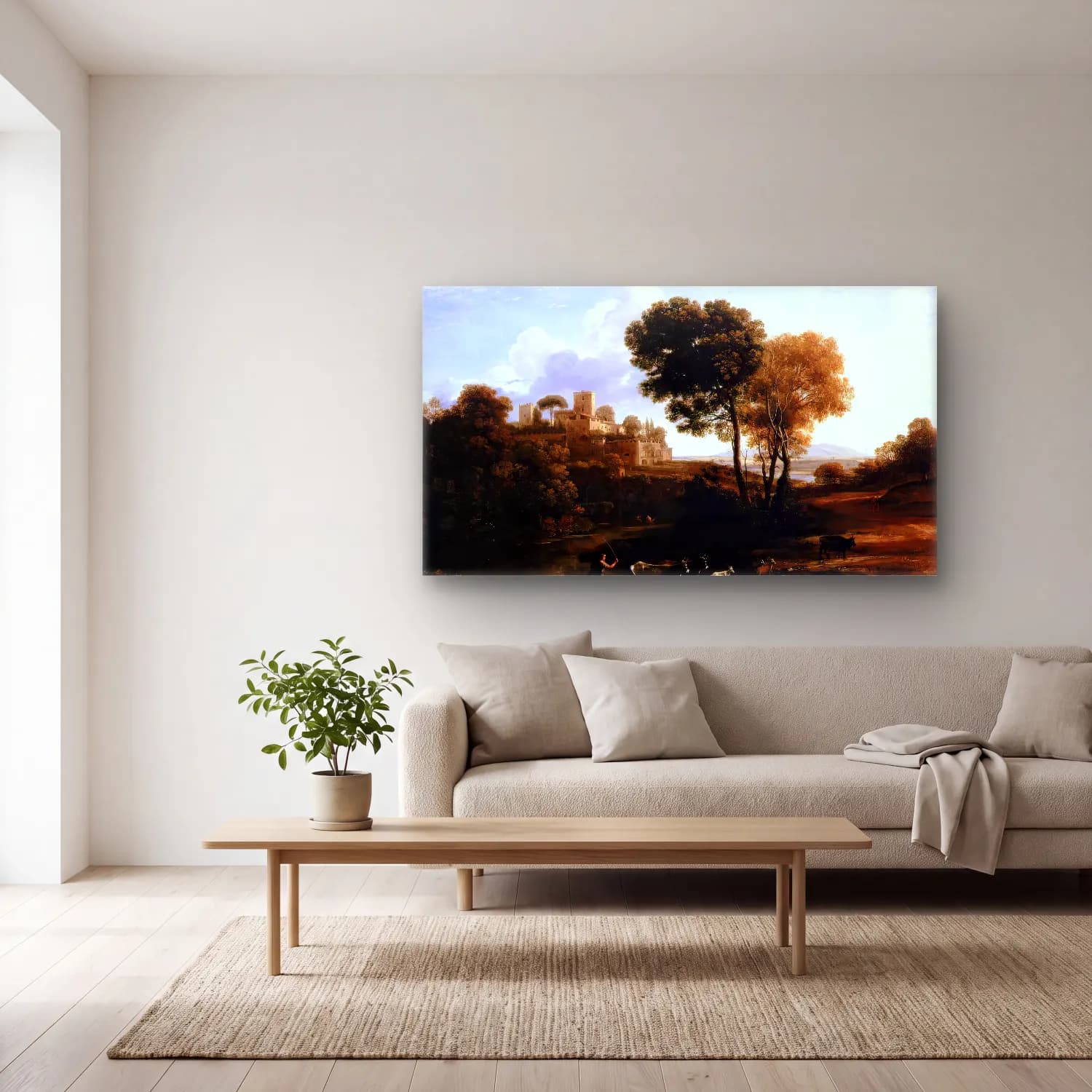 Claude Lorrain – Landscape with Shepherds cam tablo — açık renk salonda