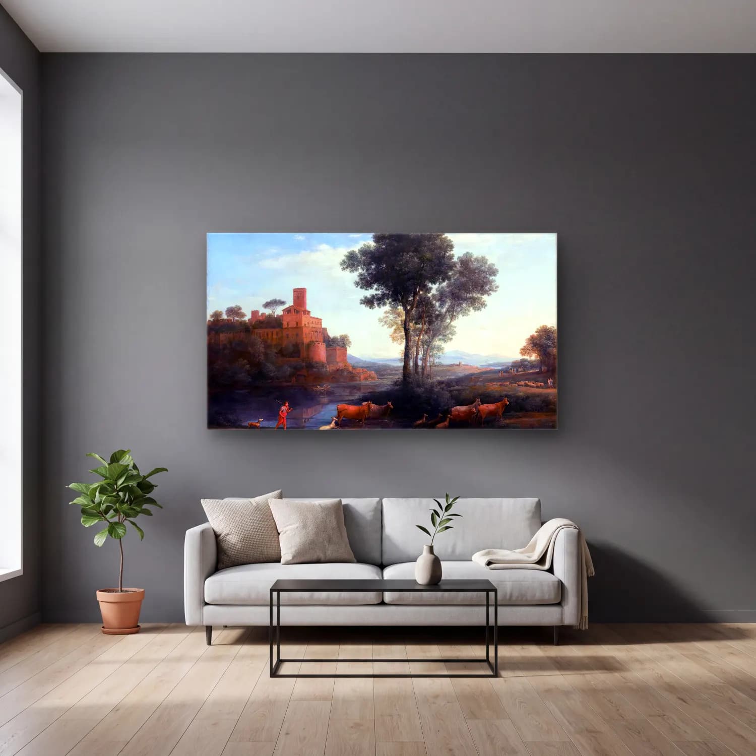 Claude Lorrain – Landscape with the Voyage of Jacob cam tablo — gri duvarlı salonda