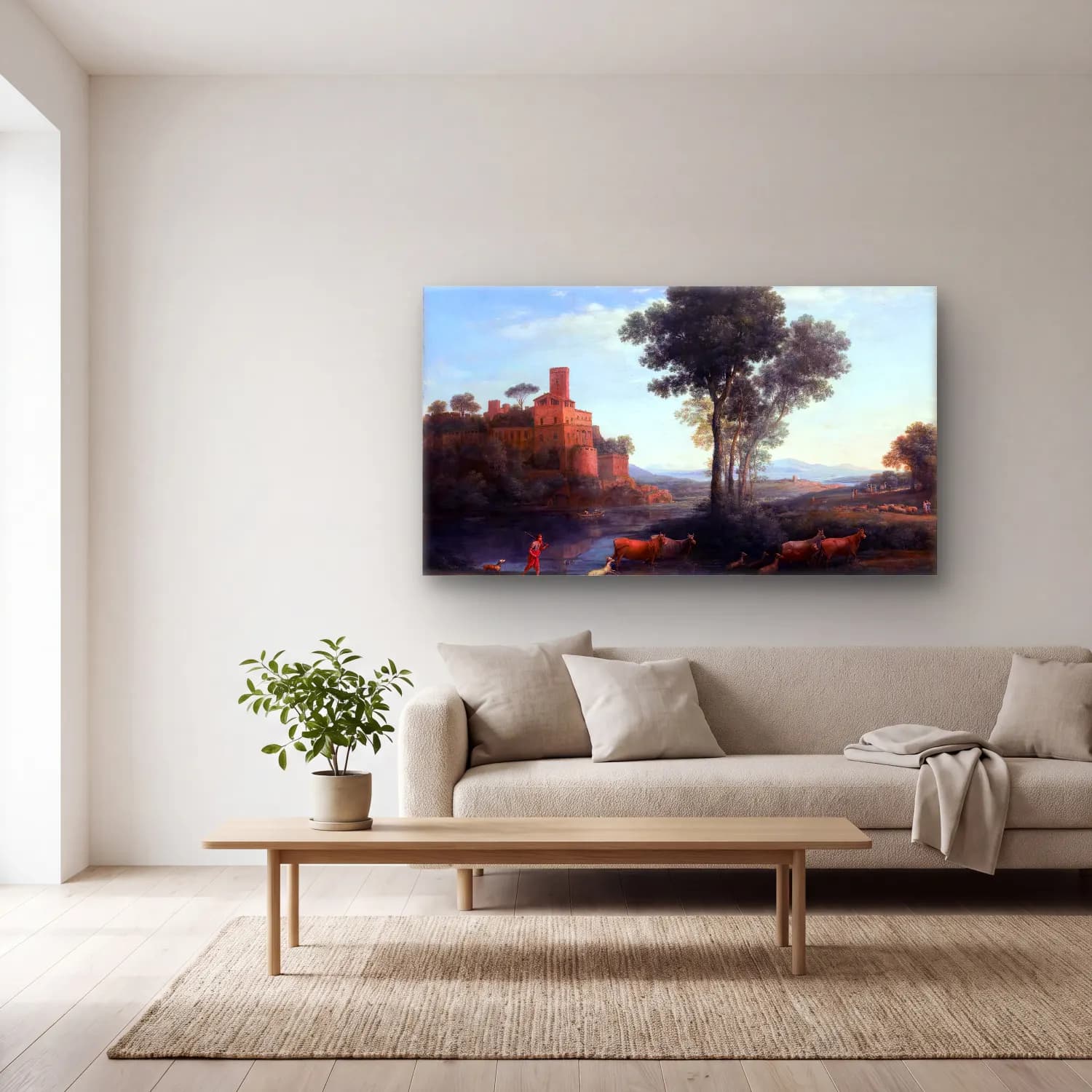 Claude Lorrain – Landscape with the Voyage of Jacob cam tablo — açık renk salonda