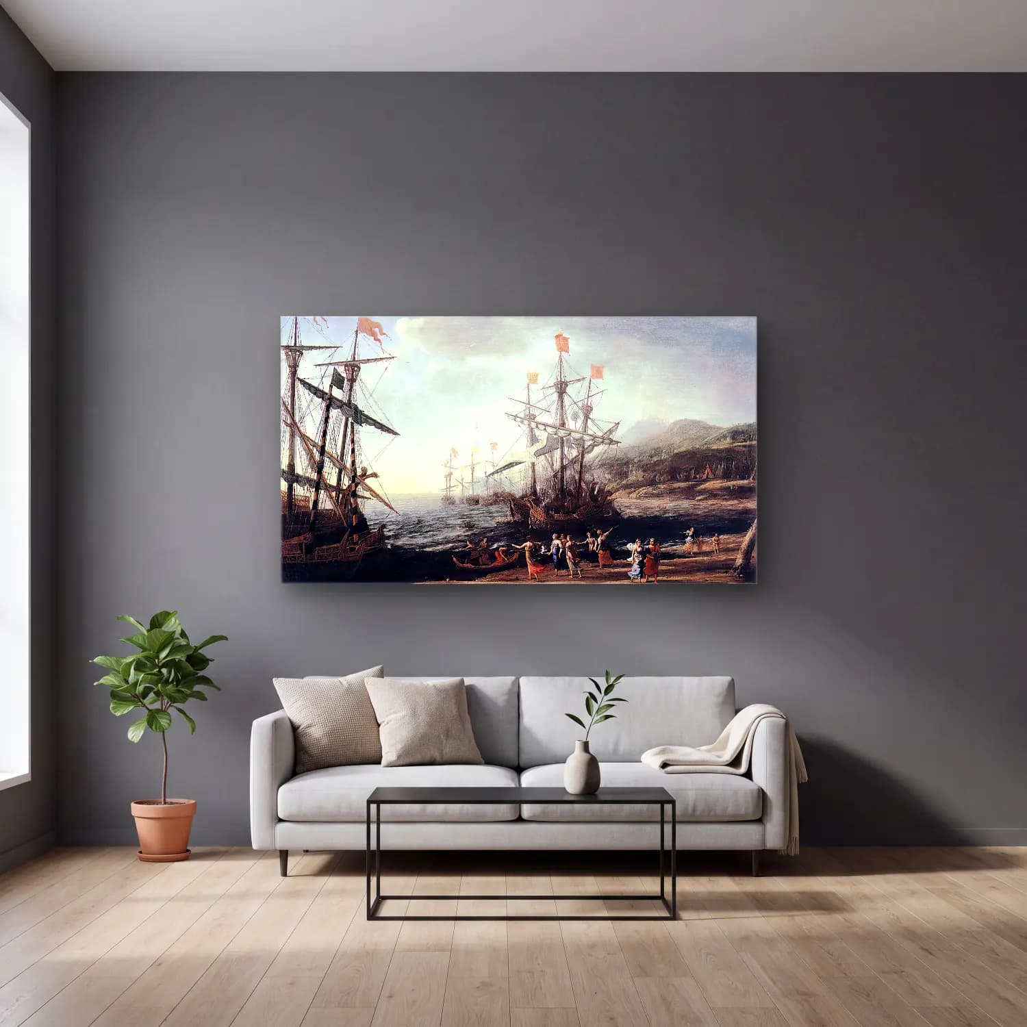 Claude Lorrain – Marine with the Trojans Burning their Boats cam tablo — gri duvarlı salonda