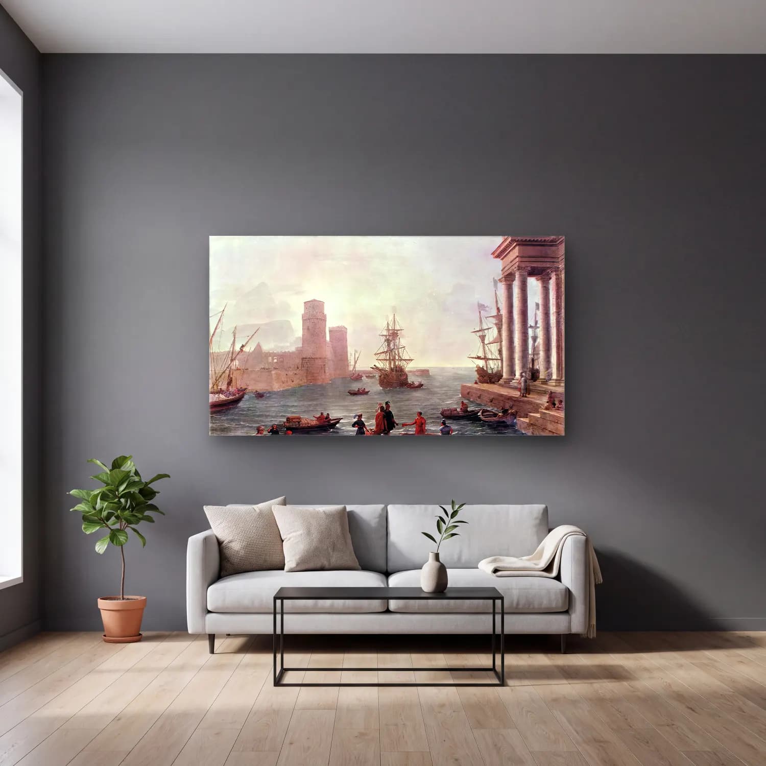 Claude Lorrain – Port Scene with the Departure of Ulysses from the Land of… cam tablo — gri duvarlı salonda