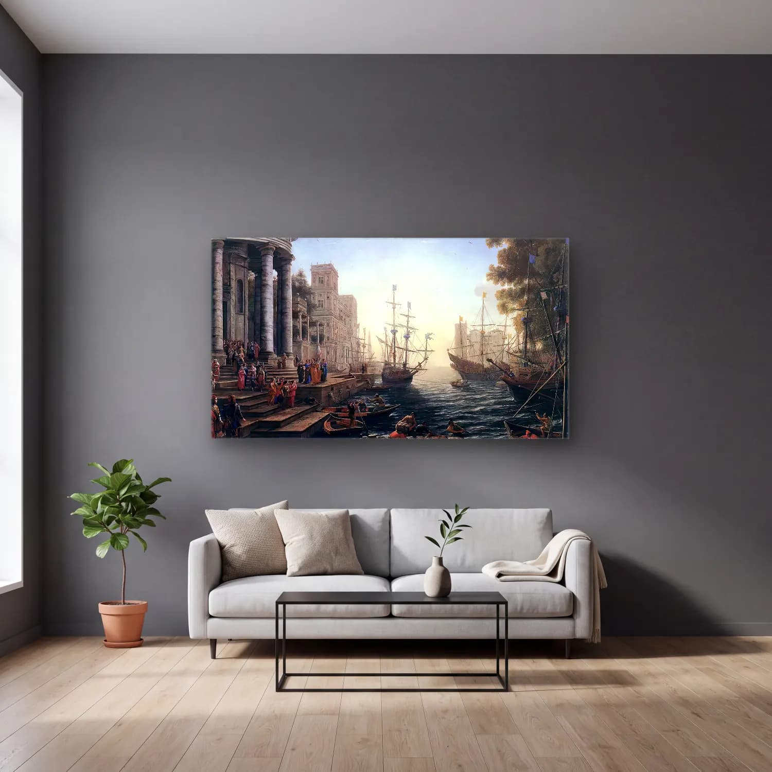Claude Lorrain – Port Scene with the Embarkation of St Ursula cam tablo — gri duvarlı salonda
