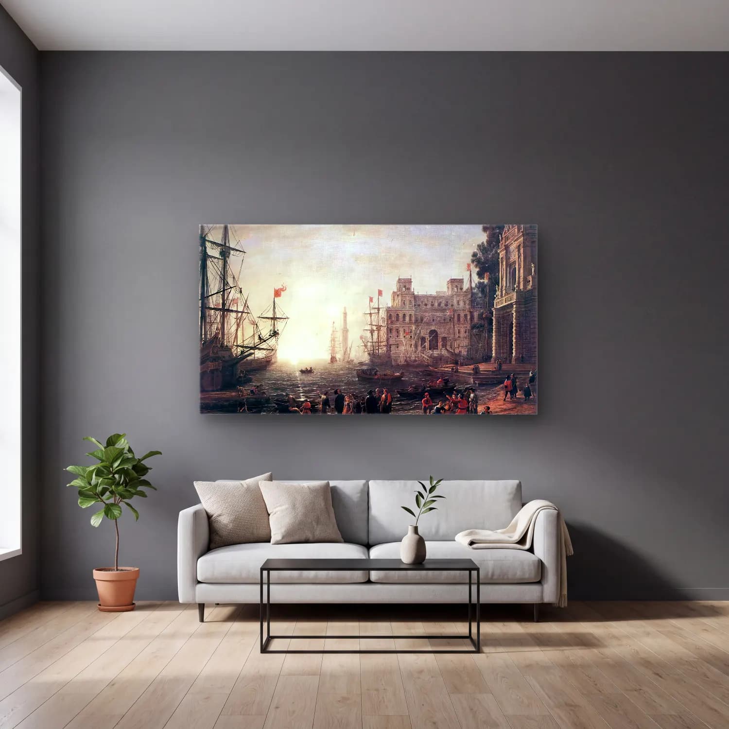 Claude Lorrain – Port Scene with the Villa Medici cam tablo — gri duvarlı salonda