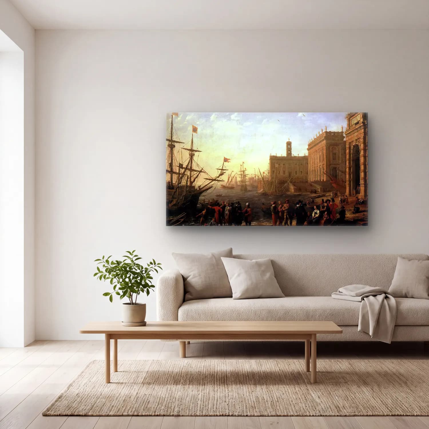 Claude Lorrain – Seaport with the Campidoglio cam tablo — açık renk salonda
