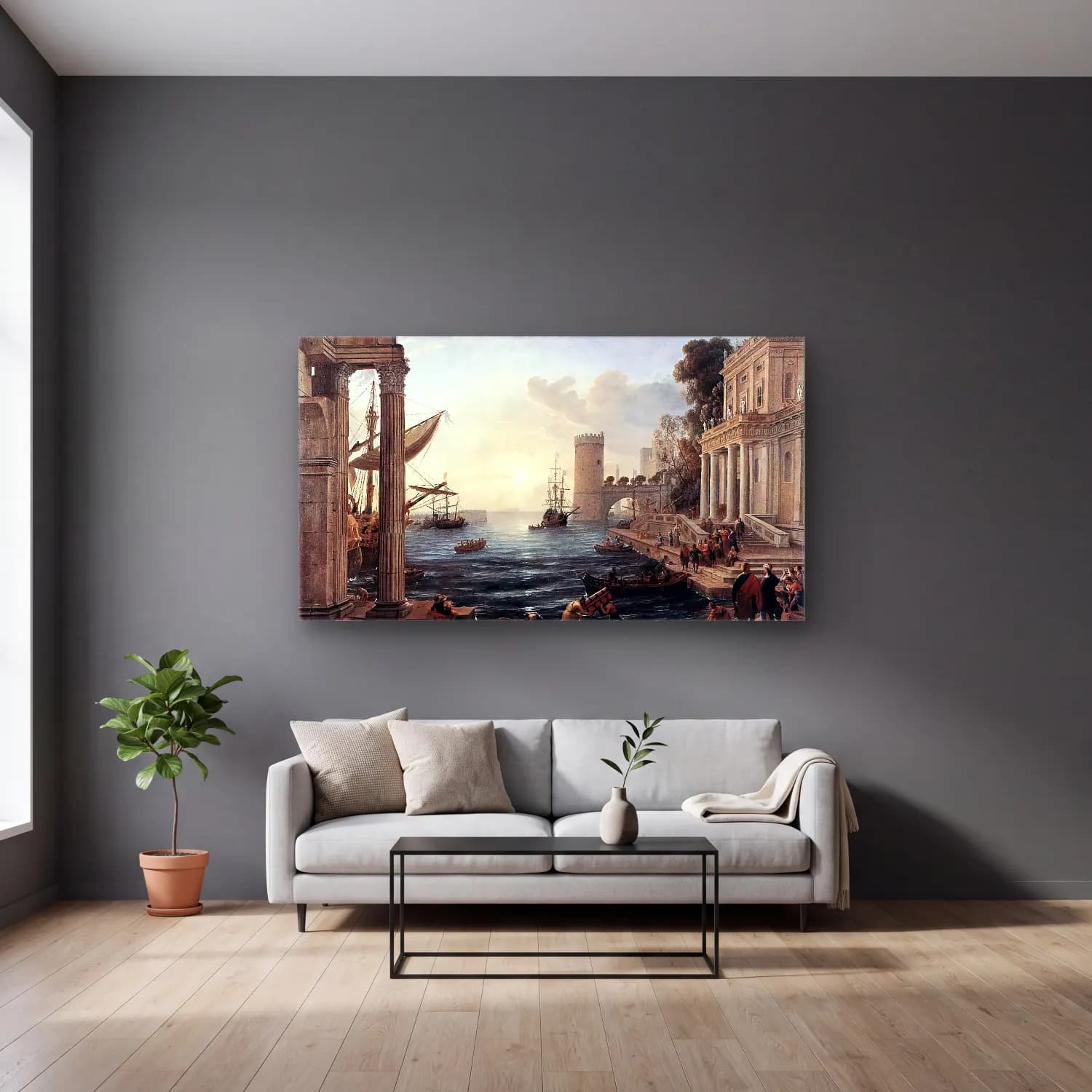 Claude Lorrain – Seaport with the Embarkation of the Queen of Sheba cam tablo — gri duvarlı salonda