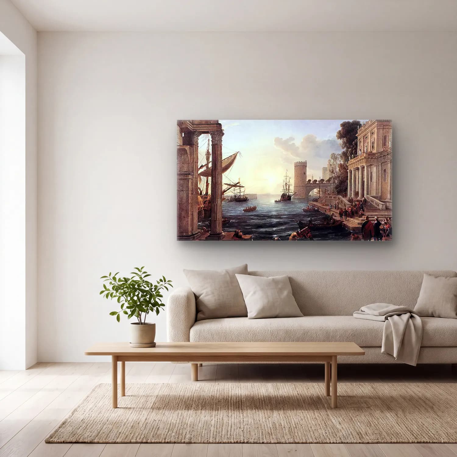 Claude Lorrain – Seaport with the Embarkation of the Queen of Sheba cam tablo — açık renk salonda