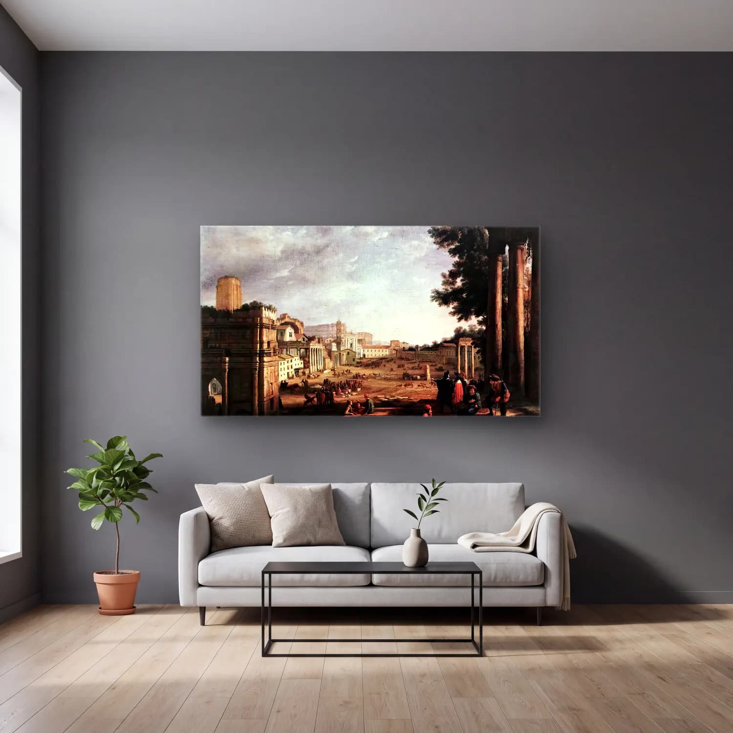 Claude Lorrain – The Campo Vaccino, Rome cam tablo — gri duvarlı salonda