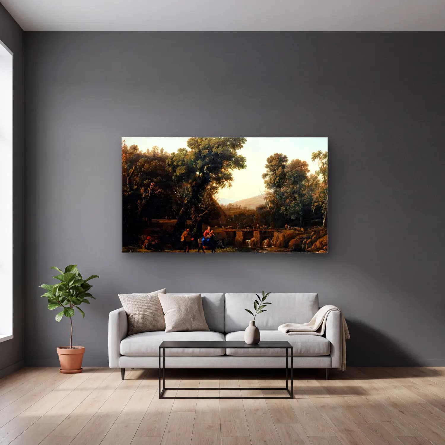 Claude Lorrain – The Flight into Egypt cam tablo — gri duvarlı salonda