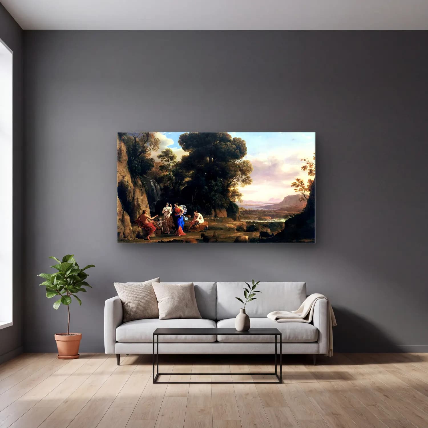 Claude Lorrain – The Judgment of Paris cam tablo — gri duvarlı salonda