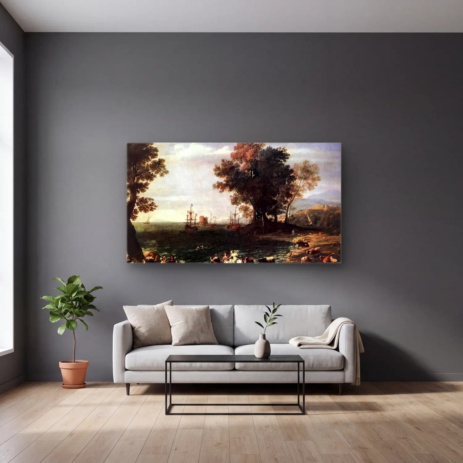 Claude Lorrain – The Rape of Europa cam tablo — gri duvarlı salonda