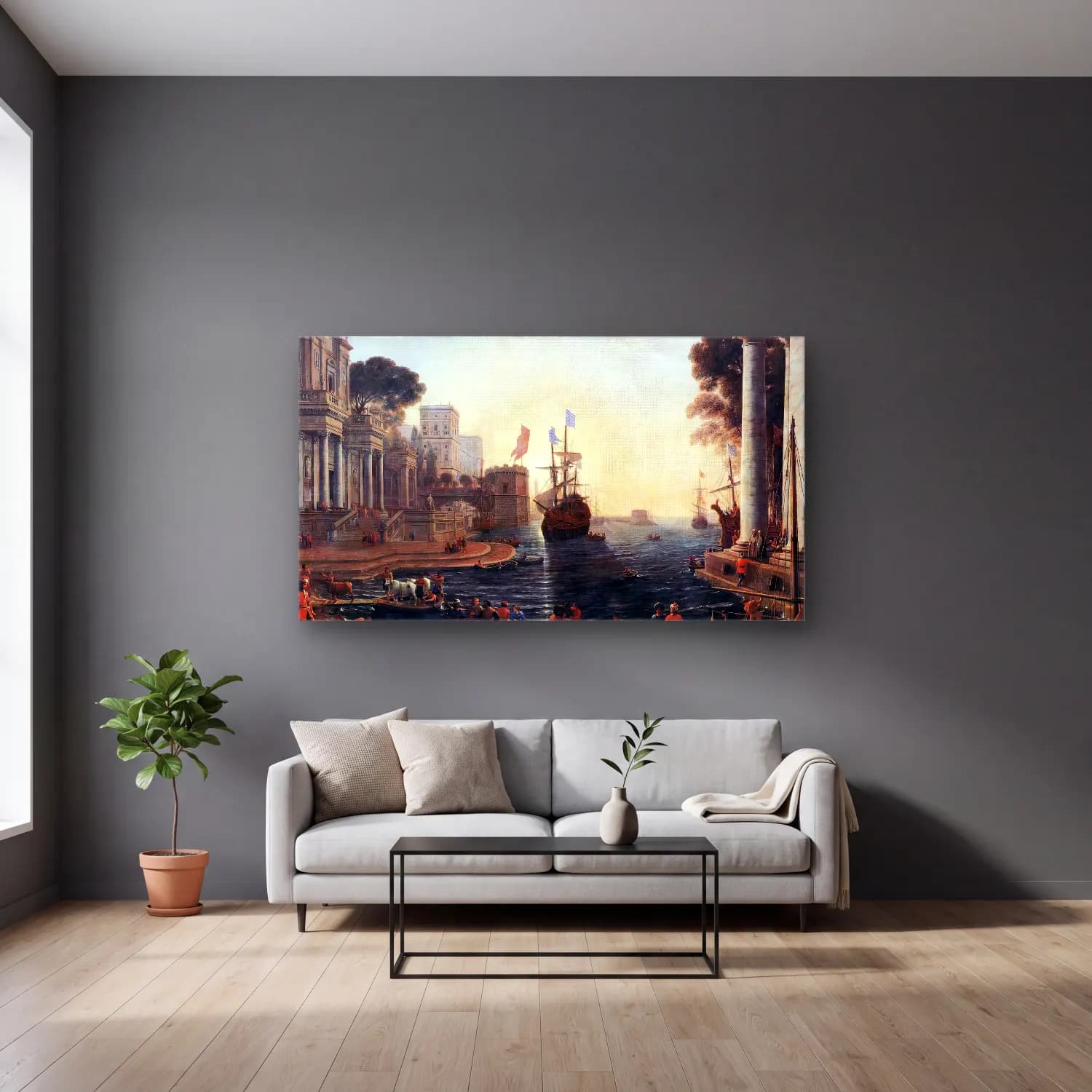 Claude Lorrain – Ulysses Returns Chryseis to her Father cam tablo — gri duvarlı salonda