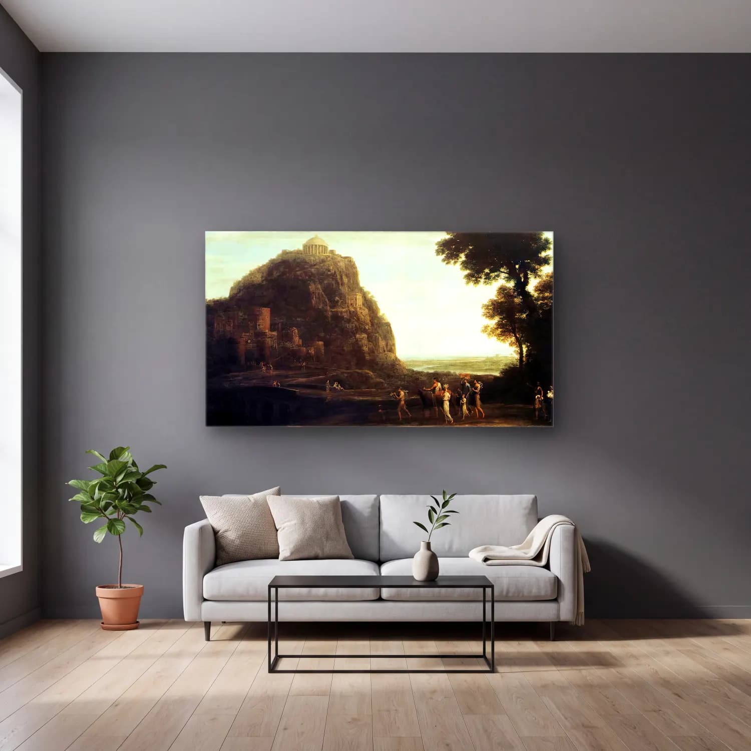Claude Lorrain – View of Delphi cam tablo — gri duvarlı salonda