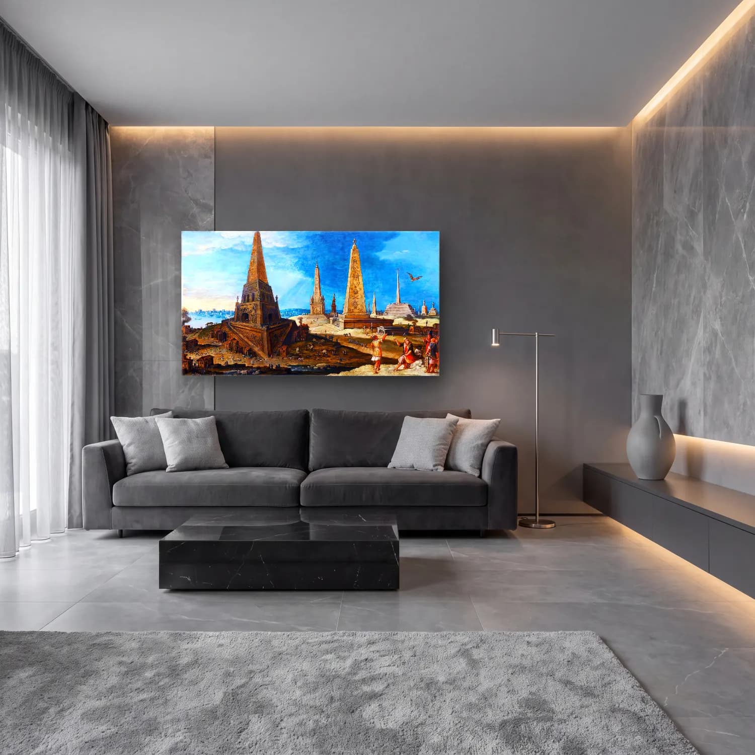 Hendrick van Iii Cleve – Nimrod amongst the Monuments cam tablo — lüks salon duvarında