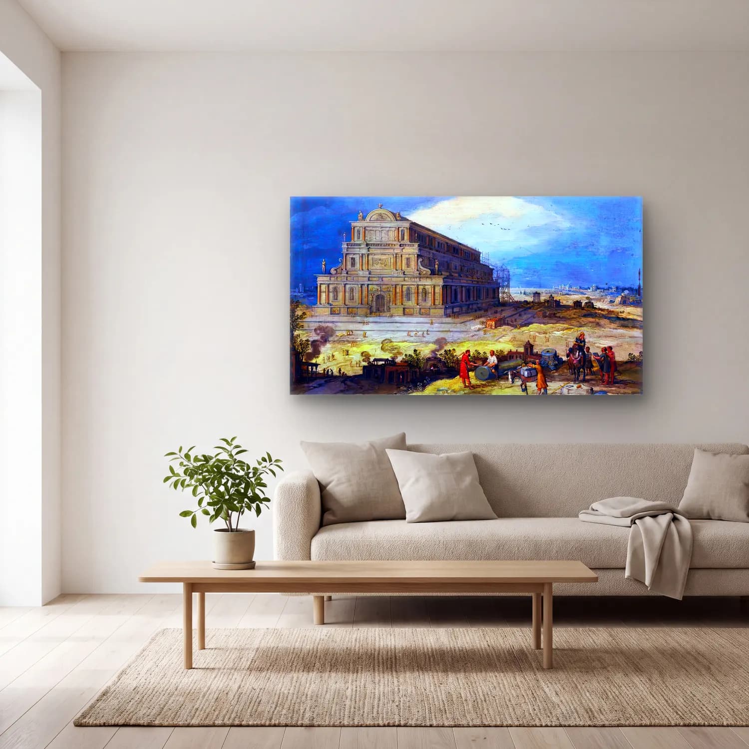 Hendrick van Iii Cleve – The Building of the Temple of Artemis at Ephesus cam tablo — açık renk salonda