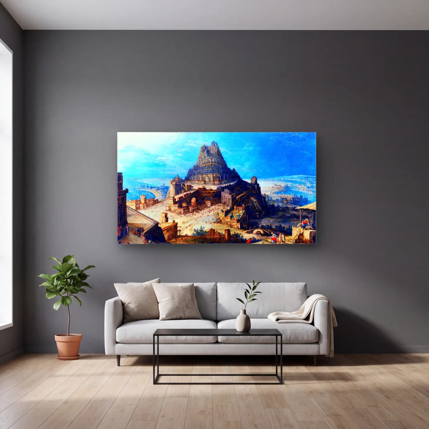 Hendrick van Iii Cleve – The Tower of Babel cam tablo — gri duvarlı salonda