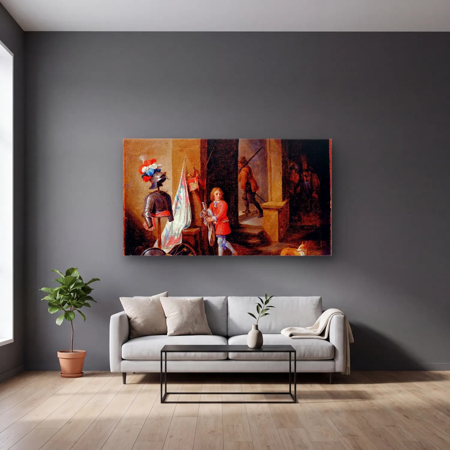 David Teniers The Younger – A Guard Room cam tablo — gri duvarlı salonda
