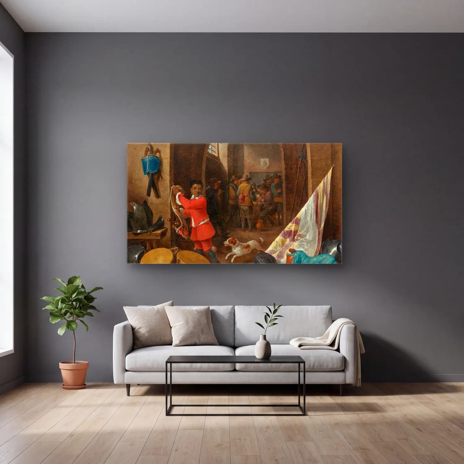 David Teniers The Younger – A Guardroom Interior cam tablo — gri duvarlı salonda