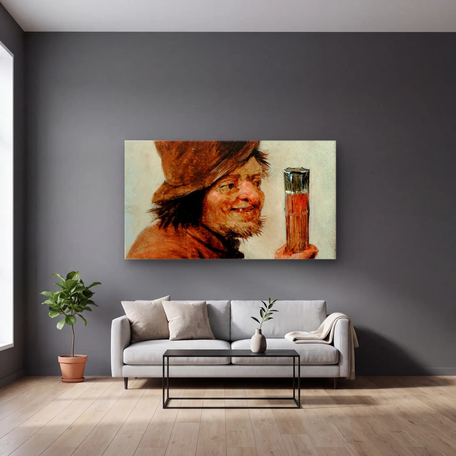 David Teniers The Younger – A Peasant holding a Glass cam tablo — gri duvarlı salonda