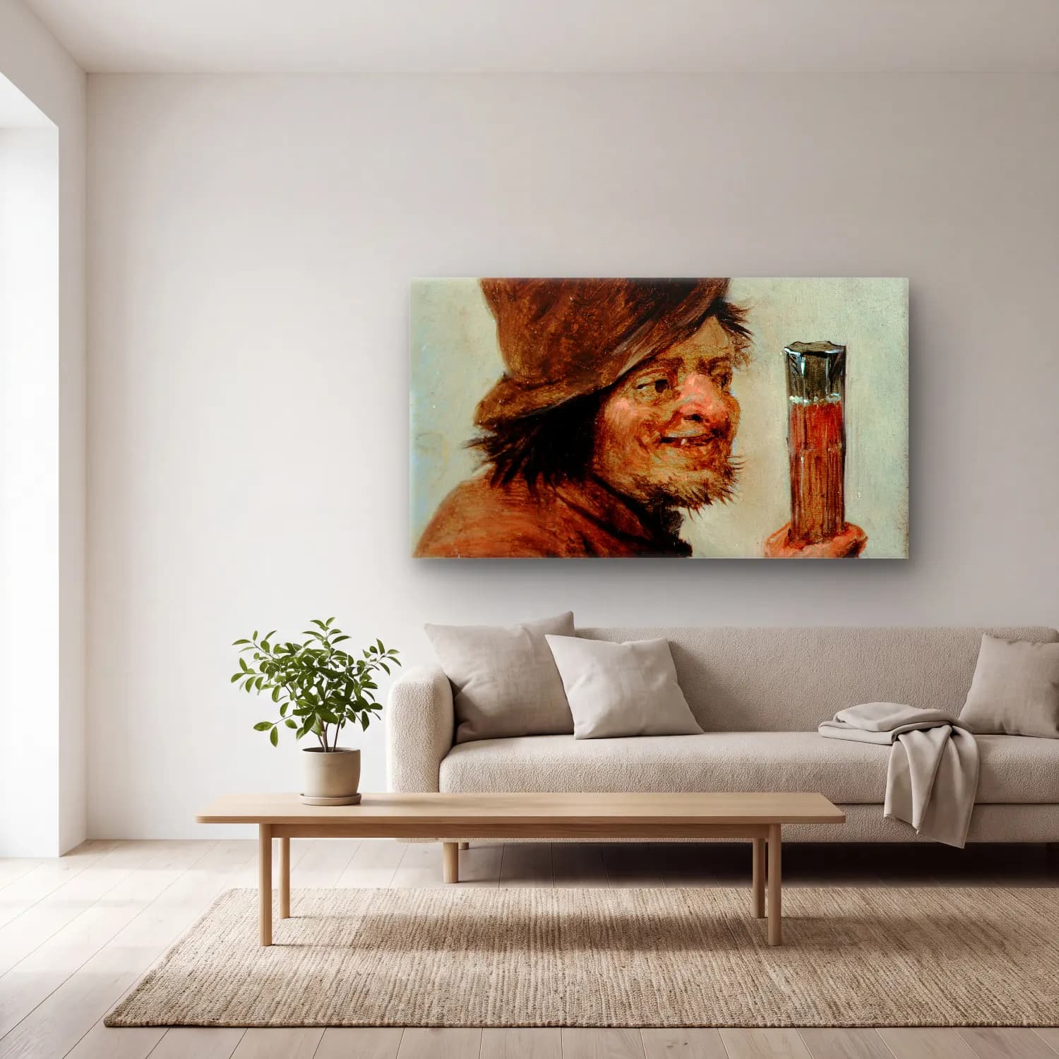 David Teniers The Younger – A Peasant holding a Glass cam tablo — açık renk salonda